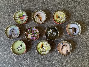 Katbird Photo bottle cap magnets and lapel pins